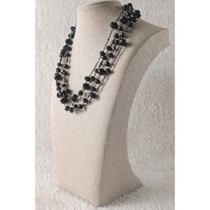 Black Faceted Bead Multi Strand Necklace Gunmetal‎ Chain Long Layered Costume